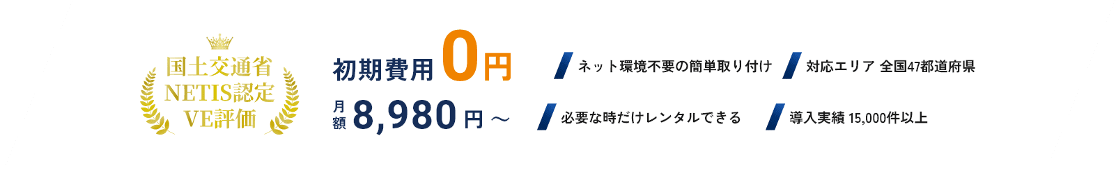 国土交通省 NETIS認定 VE評価/初期費用0円/月額9,800円～/ネット環境不要の簡単取り付け/対応エリア 全国47都道府県/必要な時だけレンタルできる/導入実績 10,000件以上